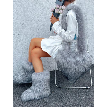 ZAFUL Women Women's Daily Streetwear Y2K Fluffy Fuzzy Furry Faux Fur Ankle Snow Boots with Matching Heart Shaped Shoulder Bag