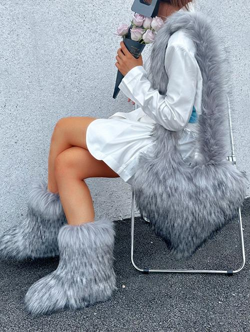 ZAFUL Women Women's Daily Streetwear Y2K Fluffy Fuzzy Furry Faux Fur Ankle Snow Boots with Matching Heart Shaped Shoulder Bag