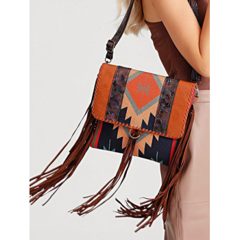 Women's Retro Ethnic Printed Handmade Weave Tassel Design Canvas Crossbody Bag