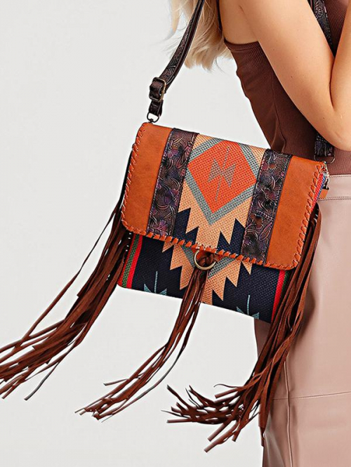 Women's Retro Ethnic Printed Handmade Weave Tassel Design Canvas Crossbody Bag