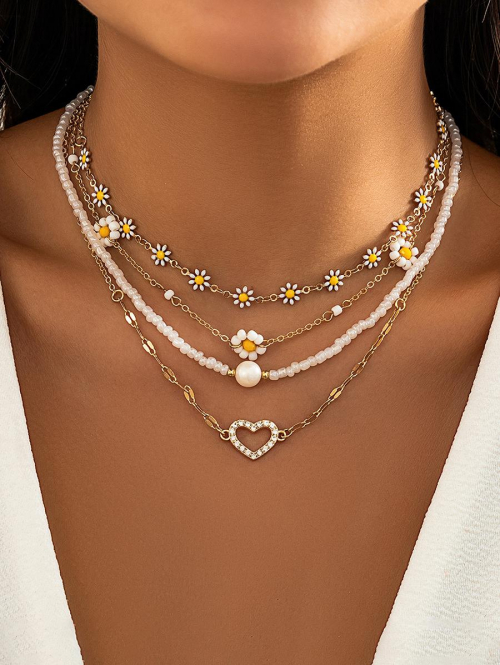 Women's 4Pcs Heart Rhinestones Faux Pearls Floral Daisy Metal Chain Pendant Necklaces For Women