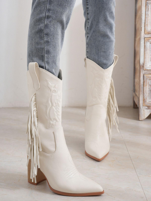 ZAFUL Women Women's Western Style Fringed Notched Design Pointed Toe Chunky Heel Embroidered Detail Mid Calf Cowboy Boots