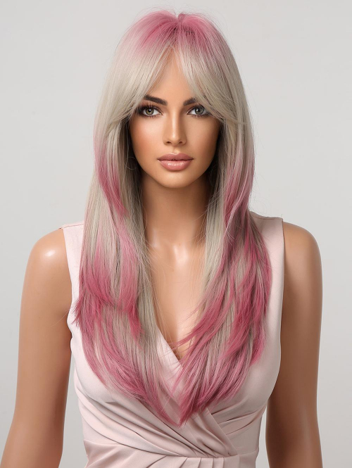 zaful Platinum Pink Mixed Color Layered Middle Part Bangs Natural Straight Synthetic Wig