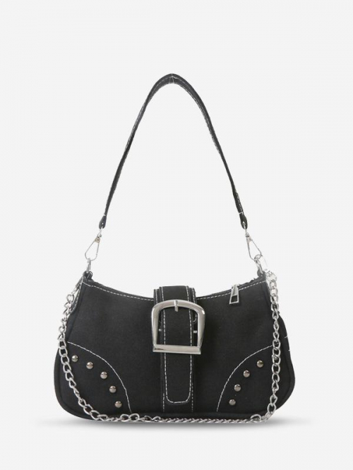 Women's Solid Color Buckle Design Denim Shoulder Bag