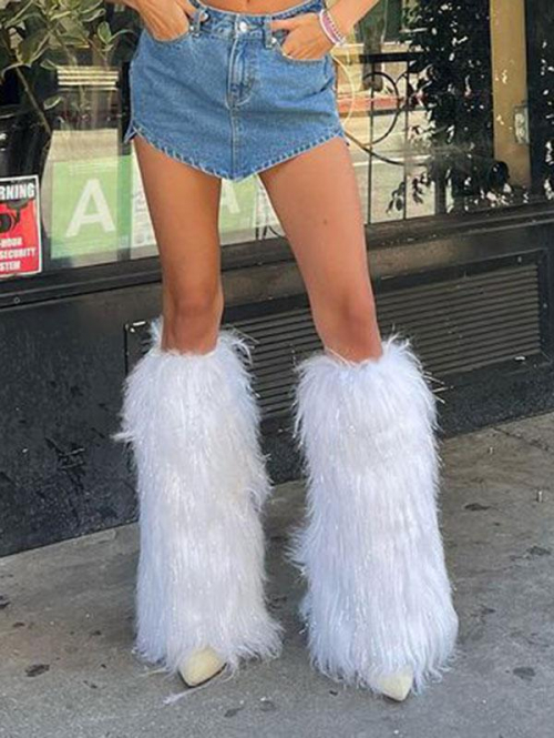 Fashion Women Women's Y2K Style Solid Color Fluffy Faux Fur Leg Warmers