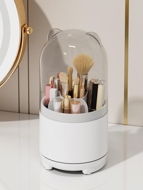 360 Rotary Makeup Brush Organizer Holder Cosmetic Brush Box with Transparent Dustproof Cover for Desk Table Decoration