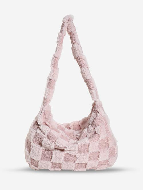 Women's Retro Colorblock Checkerboard Pattern Fluffy Faux Fur High Capacity Shoulder Bag