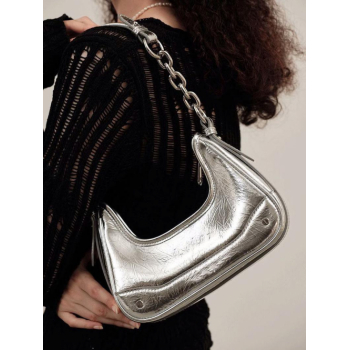 Women's Y2K Daily Metallic Solid Color Half Chain Strap Croissant Underarm Shoulder Bag