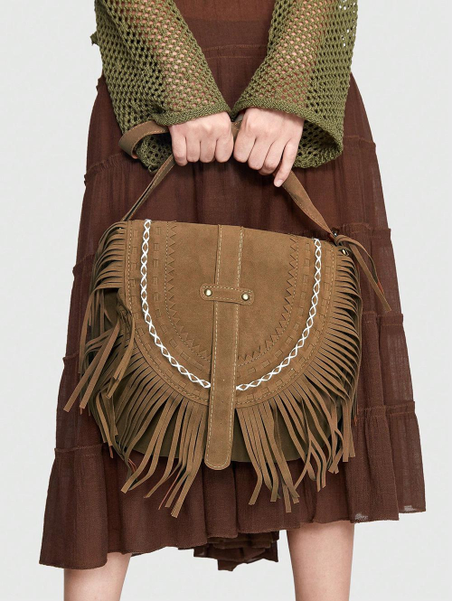 Women's Ethnic Retro Solid Color Faux Suede Fringed Buckle Decorated Saddle Shoulder Bag