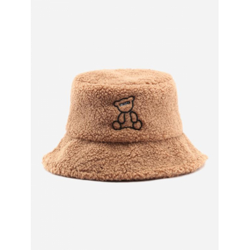 Fashion Women Bear Embroidered Fuzzy Faux Shearling Bucket Hat