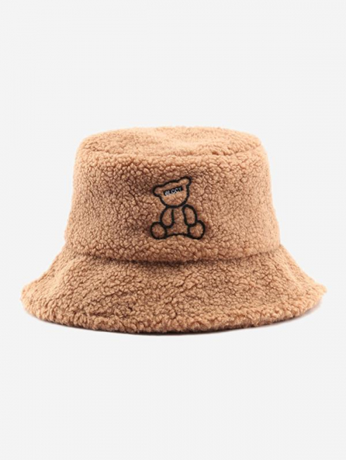 Fashion Women Bear Embroidered Fuzzy Faux Shearling Bucket Hat