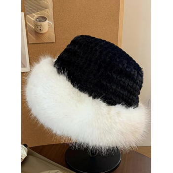 Fashion Women Women's Winter Warm Fluffy Faux Fur Rolled Trim Colorblock Two Tone Bucket Hat