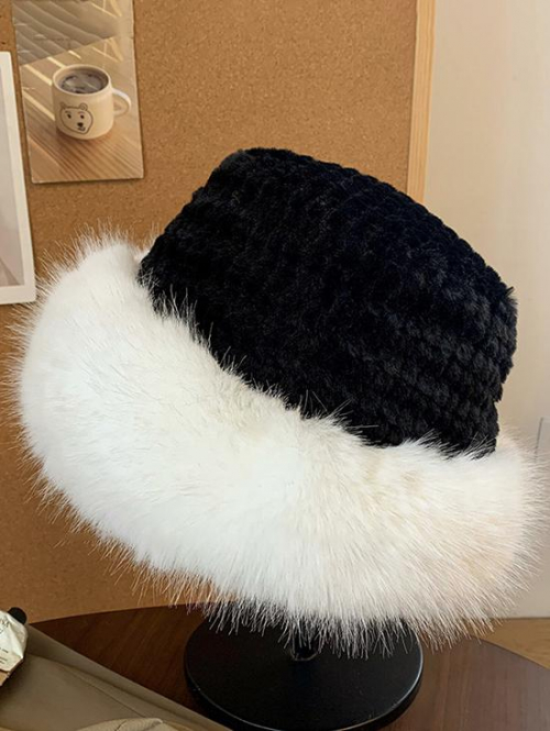 Fashion Women Women's Winter Warm Fluffy Faux Fur Rolled Trim Colorblock Two Tone Bucket Hat