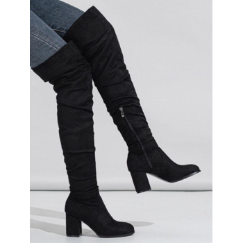 ZAFUL Women Women's Solid Color Suede Crinkle Design Chunky Heels Over The Knee Boots