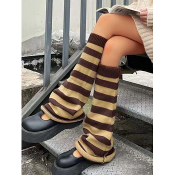 Fashion Women Women's Knitted Striped Or Solid Color Knee Length Roll Hem Flare Leg Warmer Stockings