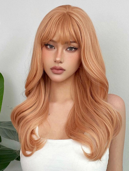 zaful Women's Red Brown Full Bangs Long Natural Wavy Synthetic Party Club Night Out Wig