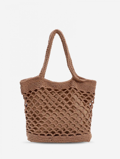 Women's Beach Vacation Solid Color Fishnet Crochet Woven Tote Shoulder Bag