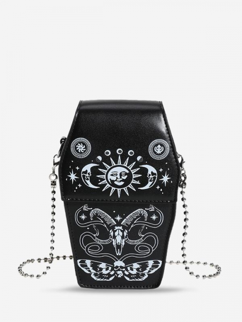 Women's Halloween Gothic Skull Skeleton Letter Printed Chain Crossbody Bag