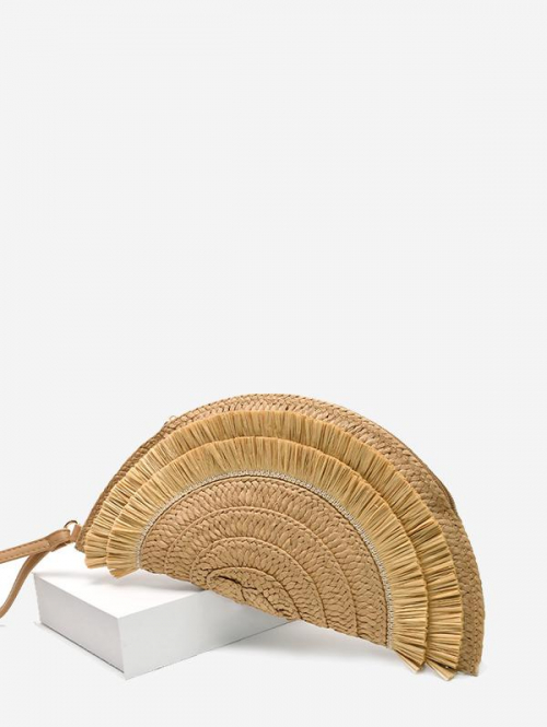 ZAFUL Women's Beach Vacation Straw Raffia Tassel Semicircle Fan Shaped Wristlet