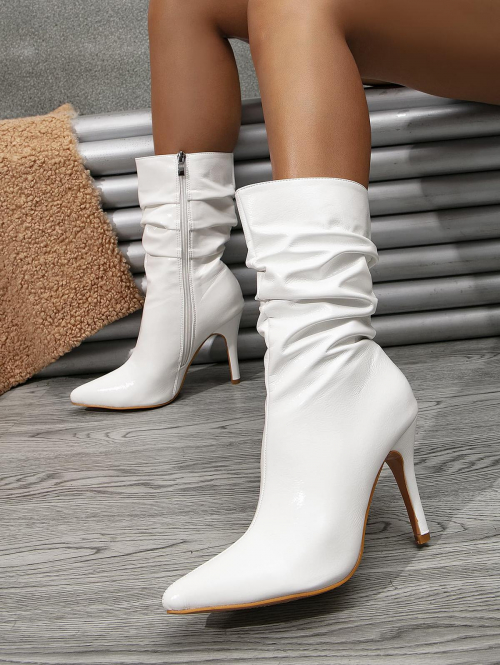 ZAFUL Women Women's Fashion Ruched Slouchy Solid Color Pointed Toe Side Zip Stiletto Heel Mid Calf Boots