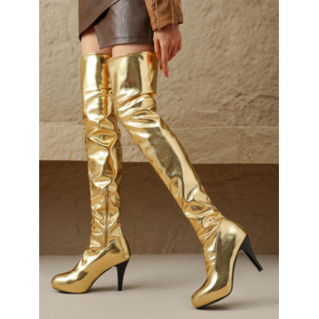 ZAFUL Women Women's Winter Metallic Color Side Zip Pointed Toe Stiletto Heels Club Thigh-high Boots