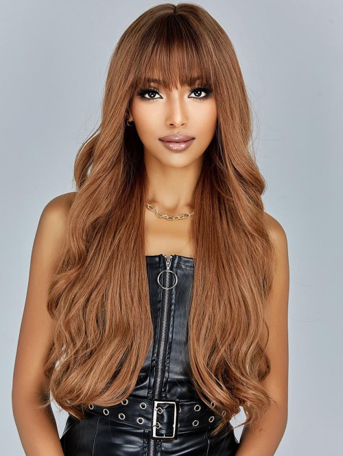 zaful Women's Brown Full Bangs Long Wavy Synthetic Daily Wig