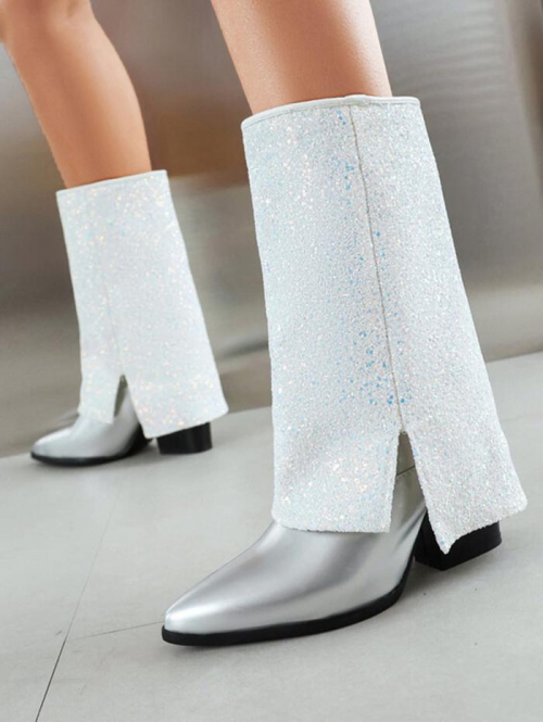 ZAFUL Women Women's Party Sequined Glitter Shine Sparkly Metallic Chunky Heeled Pointed Toe Foldover Thermal Fleece Lined Mid Calf Boots