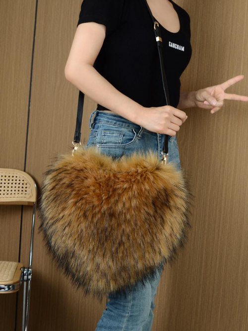 Women's Daily Streetwear Y2K Fluffy Fuzzy Furry Faux Fur Textured Heart Shaped Crossbody Shoulder Bag