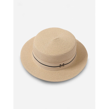 Fashion Women Metal Letter Embellish Flat-top Straw Hat