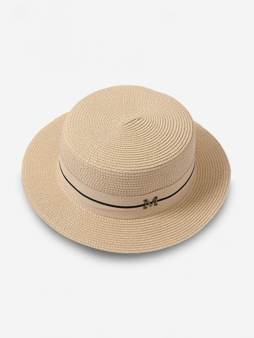 Fashion Women Metal Letter Embellish Flat-top Straw Hat