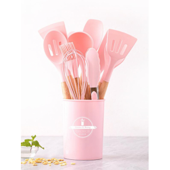 12Pcs Silicone Kitchenware Cooking Utensil Set Non-stick Cookware Spatula Shovel Beater Wooden Handle Kitchen Cooking Tools Set