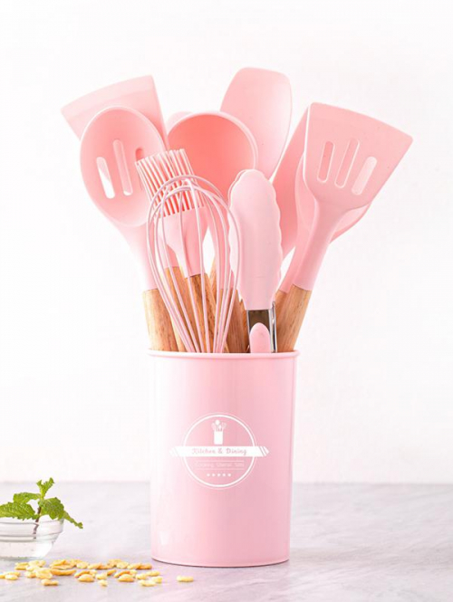 12Pcs Silicone Kitchenware Cooking Utensil Set Non-stick Cookware Spatula Shovel Beater Wooden Handle Kitchen Cooking Tools Set