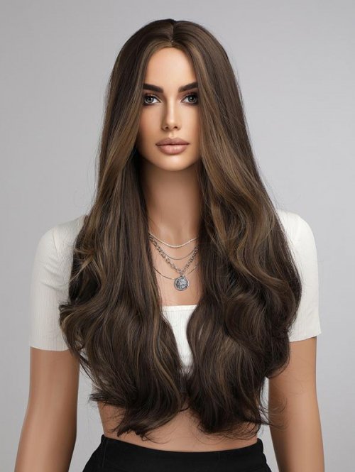 zaful Brown Highlight Light Brown Long Wavy Synthetic Wig