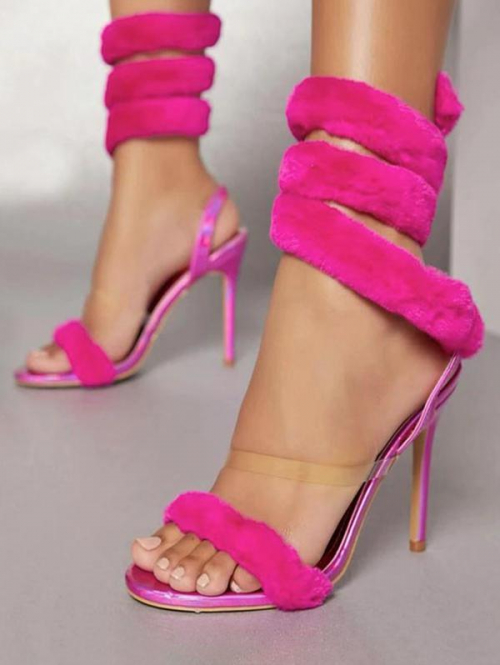 Women Fluffy Fur Stiletto Heel Wrap Sandals