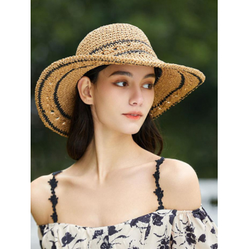 Fashion Women Women's Summer Vacation Contrast Striped Pattern Sunscreen Raffia Straw Sun Hat