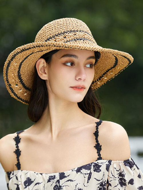 Fashion Women Women's Summer Vacation Contrast Striped Pattern Sunscreen Raffia Straw Sun Hat