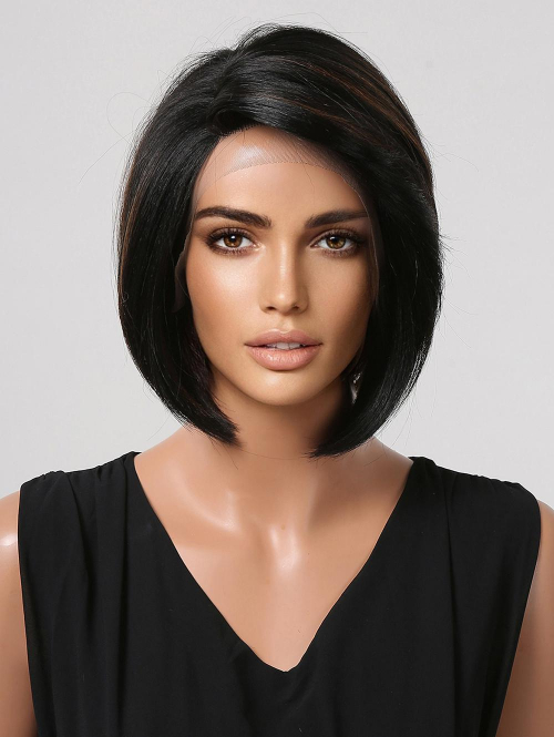 zaful Lace Front Black Side Part Bangs Bob Short Straight Synthetic Wig