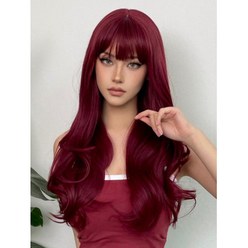 zaful Women's Wine Red See-through Bangs Long Wavy Synthetic Wig