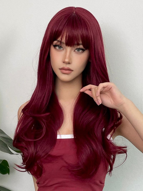 zaful Women's Wine Red See-through Bangs Long Wavy Synthetic Wig