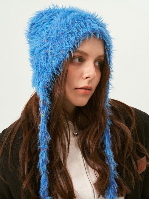 Fashion Women Women's Dopamine Style Confetti Detail Plush Mohair Knitted Winter Warm Bear Hat with Ear Flap