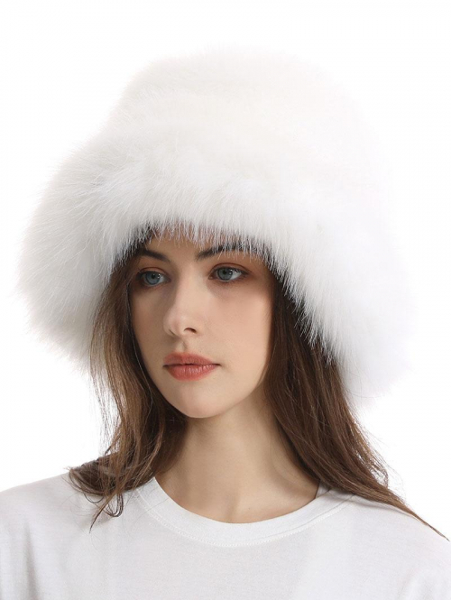 Fashion Women Women's Winter Warm Fluffy Fuzzy Faux Fur Solid Color Wide Brim Oversized Bucket Hat