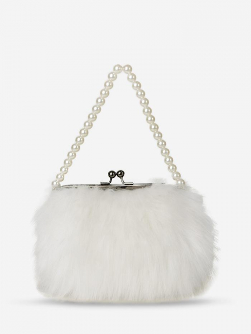 ZAFUL Women's Fashion Faux Pearl Handle Fluffy Faux Fur Evening Party Tote Bag