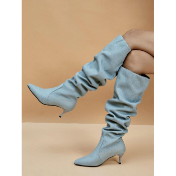 ZAFUL Women Women's Western Style Denim Pointed Toe Ruched Knee Length Kitten Heel Slouchy Cowboy Boots