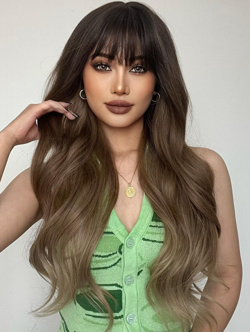 zaful Black Gradient Brown Full Bang Long Wavy Synthetic Wig