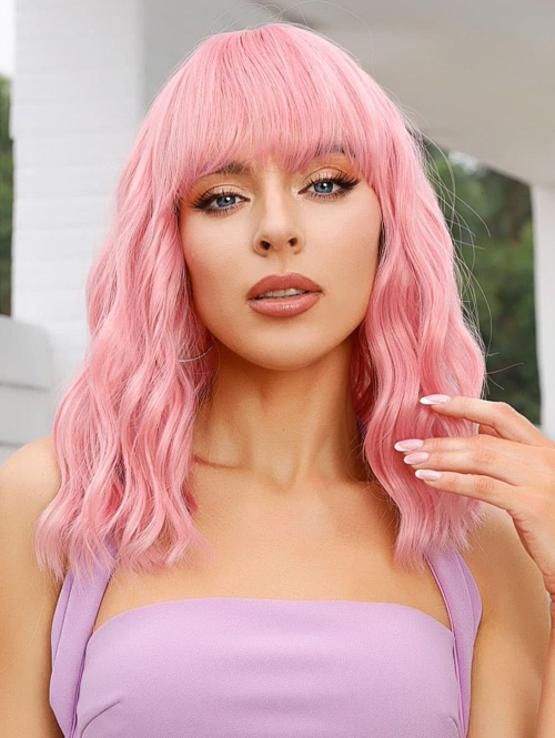 zaful Women's Party Cosplay Pink Fluffy Shoulder Length Wavy Full Bang Synthetic Wig