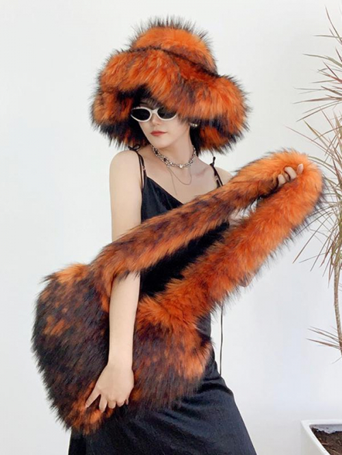 Women's Daily Streetwear Fluffy Fuzzy Furry Faux Fur Matching Bucket Hat Heart Shaped Shoulder Bag Set