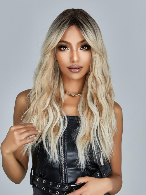 zaful Women's Blonde Gradient Long Wavy Middle Bangs Synthetic Daily Wig