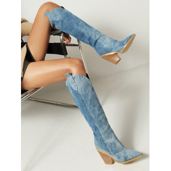 ZAFUL Women Women's Fashion Chunky Heels Pointed Toe Knee-high Denim Boots