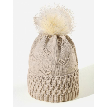 Fashion Women Pom Pom Ball Heart Jacquard Foldover Warm Beanie Hat