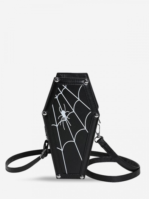 Women's Halloween Spider Web and Spider Print Rivet Decorated Coffin Crossbody Bag